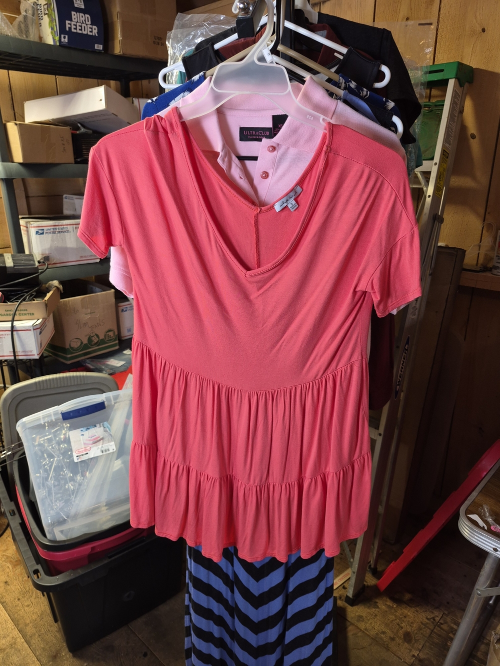 white birch Coral Pink Tiered V-Neck Short Sleeve Tunic Bin 54